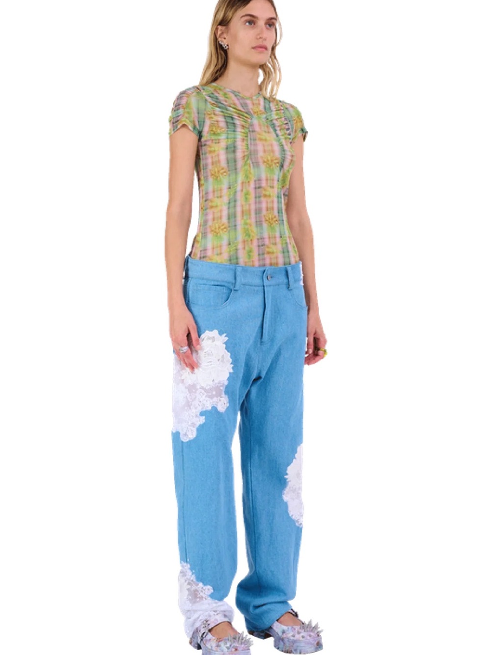 Collina Strada Light Blue Wide-Leg Jeans with White Lace Appliqué